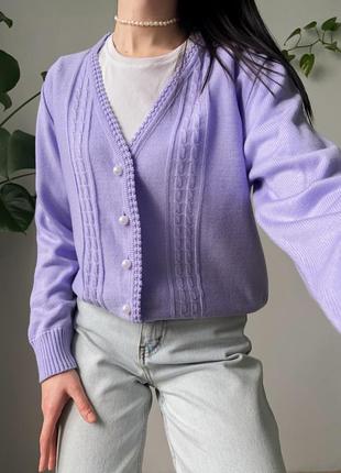Кардиган светр на ґудзиках з перлинами лавандовий вʼязаний з довгими рукавами