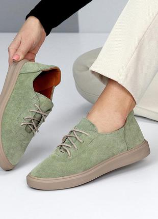 Оливковые замшевые деми туфли на шнуровке натуральная замша низкий ход6 фото