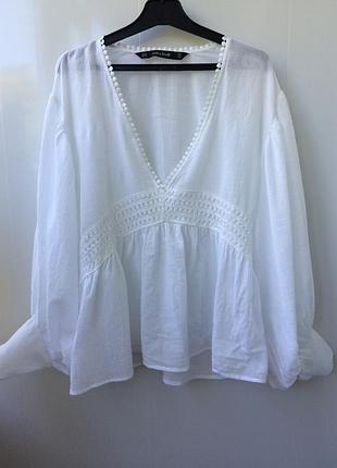 Хлопковая блузка с вышивкой,с объёмными рукавами zara,34/xs