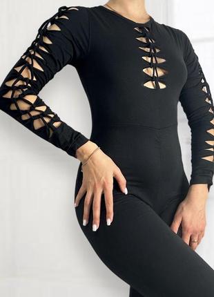 Комбинезон черный женский с длинным рукавом2 фото