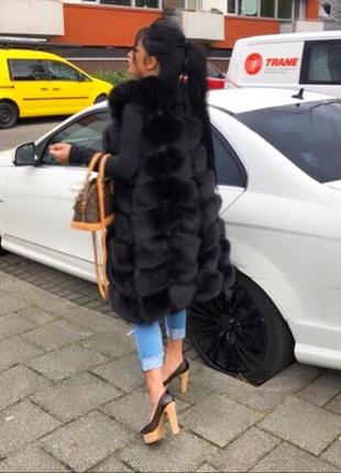 Длинная меховая жилетка эко мех чёрного цвета 48 размер