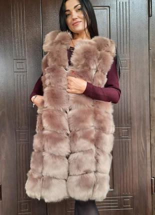 Длинная меховая жилетка из эко меха персиковая 42 размера