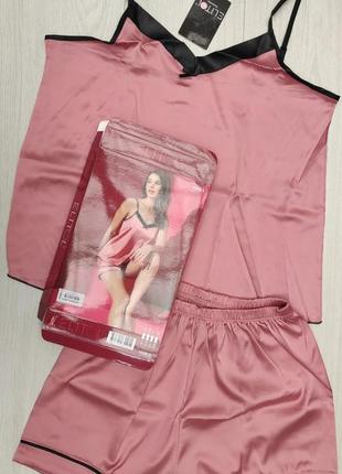Пижама женская атласная майка на тонких бретелях и шорты  elitol турция, розовый2 фото