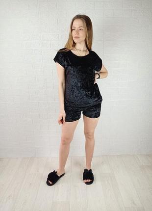 Пижама велюровая женская летняя футболка и шорты однотонная черный р.44-54