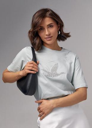 Женская футболка с птицей из бисера - мятный цвет, l (есть размеры)7 фото