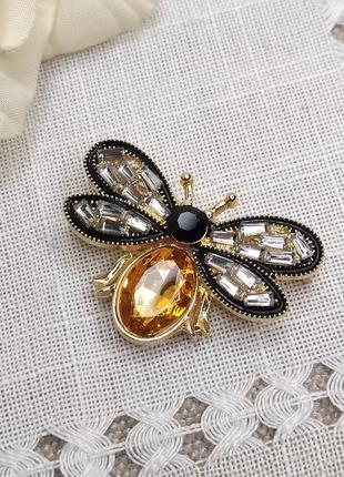 🐝 брошка бджола 2 кольори в стилі гуччі gucci з кабошоном і кристалами, жук муха комаха