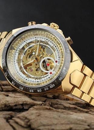 Мужские механические наручные часы скелетоны с автоподзаводом winner 8067 gold-black-white1 фото