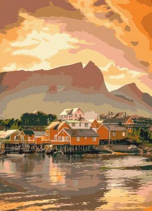 Картина по номерам 48х60 на деревянном подрамнике "уютный закат в норвегии" bs52457l