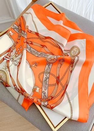 Платок шарф шелковый оранжевый на голову4 фото