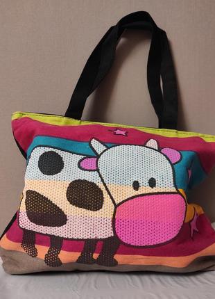 Большая летняя холщовая сумка с коровкой разноцветная1 фото