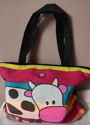 Большая летняя холщовая сумка с коровкой разноцветная2 фото