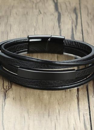 Мужской кожаный браслет плетеный, черный с металлическим вставками7 фото
