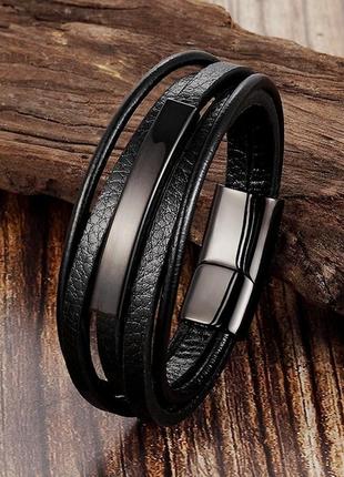 Мужской кожаный браслет плетеный, черный с металлическим вставками6 фото