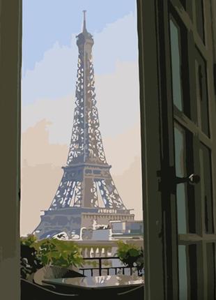 Картина за номерами strateg преміум ейфелева вежа за вікном з лаком розміром 40х50 см (gs1269)