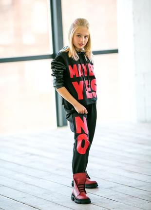 Повседневный спортивный костюм черный с рукавами из эко-кожи девочке рост 140-176