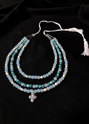 Намисто з скляних намистин, вставки натуральних перлів лунниця на оксамитовій стрічці2 фото