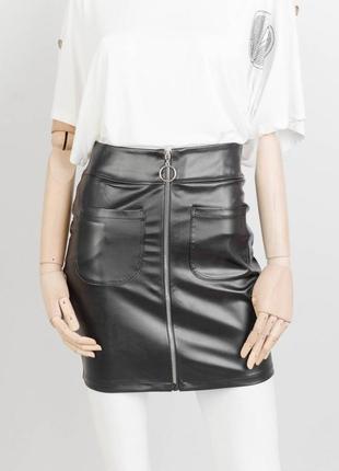 Стильная кожаная юбка с молнией карманами короткая мини модная1 фото