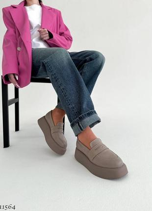 Бежеві моко візон жіночі лофери туфлі на високій підошві потовщеній танкетці з натуральної шкіри6 фото