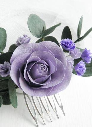 Гребінець ручної роботи для волосся з трояндою бузковий весільний гребінь з квітами3 фото