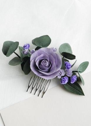 Гребінець ручної роботи для волосся з трояндою бузковий весільний гребінь з квітами6 фото