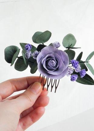 Гребінець ручної роботи для волосся з трояндою бузковий весільний гребінь з квітами5 фото