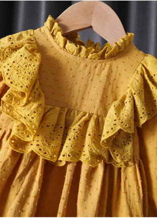 Желтое платье с рукавом, платье с рукавом, платье муслиновое, праздничное платье для девочки 100-13010 фото
