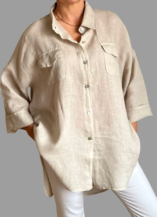Льняная рубашка женская бежевая удлиненная, италия, новая 52-588 фото