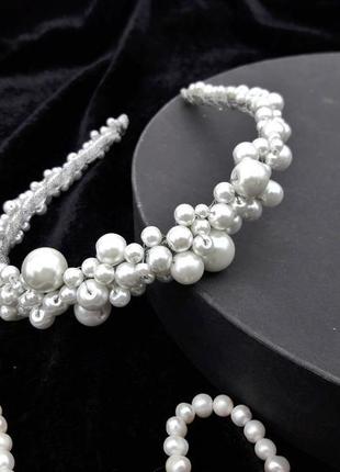 Весільний білий обруч з керамічним перлами, тіара для нареченої, ободок з перлами