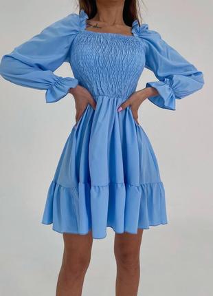 Блакитне міні плаття на резинці літо/весна 42 44 46 48 коротка сукня у блакитному кольорі xs s m l
