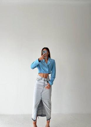 Довга жіноча сіра блакитна джинсова спідниця з розрізом на високій посадці вільного крою якісна стильна трендова