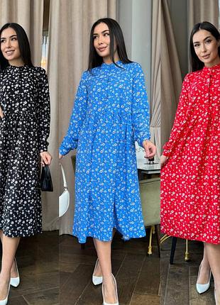 Сукня трапеція вільного крою з відрізною талією, плаття міді квіти, платье трапеция цветочний принт