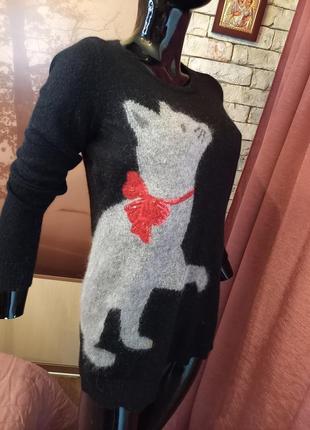 Ангоровый свитер теплый с котиком и бантиком в паетках2 фото