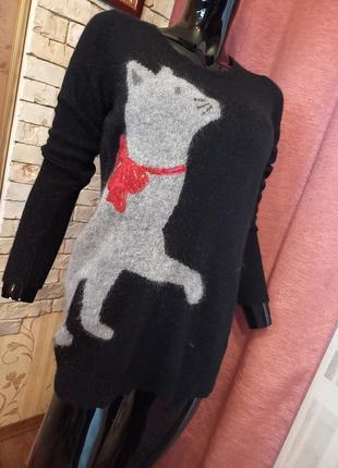 Ангоровый свитер теплый с котиком и бантиком в паетках