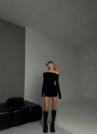 Сукня плаття чорна з відкритими плечима спиною довгий рукав коротка сукня віскоза8 фото