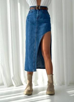 Жіноча синя джинсова спідниця міді на високій посадці прямого крою якісна стильна3 фото