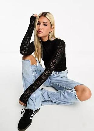 Гипюровый черный топ с длинным рукавом new look