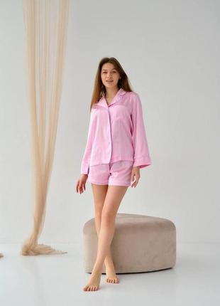 Жіноча однотонна піжама з італійського шовку красивий жіночий домашній трійка сорочка шорти та штани2 фото