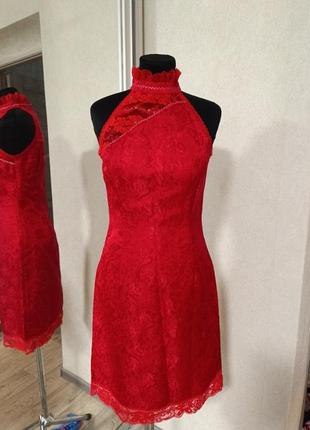 Червона мереживна сукня плаття з жакарду халтер в китайському стилі сток