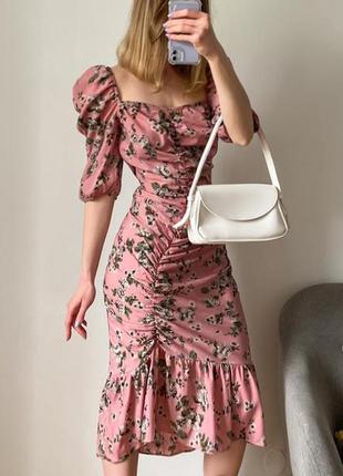 Розпродаж сукня prettylittlething міді asos з рукавами-ліхтариками та з воланом по подолу3 фото
