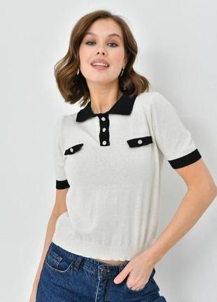 Оригінальна футболка поло з коміром двоколірна жіноча біла бежева стильна якісна