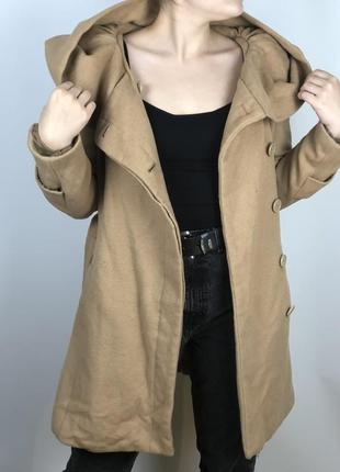 Бежеве пальто жіноче на весну 60% шерсть, великий капюшон6 фото
