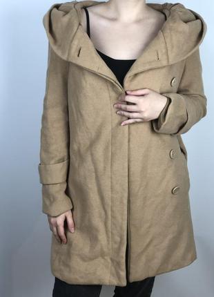 Бежеве пальто жіноче на весну 60% шерсть, великий капюшон4 фото