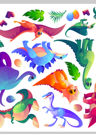 Вінілова інтер'єрна наклейка кольорова декор на стіну, шпалери в дитячу "кольорові динозаври"2 фото