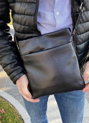 Кожаная мужская сумка планшетка черная полевая барсетка из натуральной кожи pro_1299