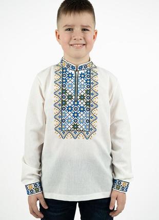 Вышиванка льняная на мальчика подростка белая рубашка с длинным рукавом