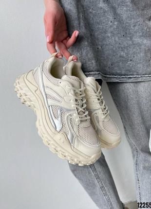 Кроссовки кеды натуральная кожа бежевые сетка текстиль на высокой подошве платформе танкетке тракторной