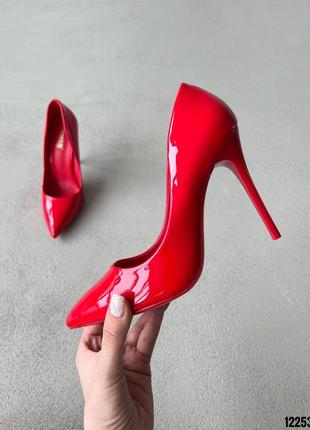 Туфли лодочки на каблуке шпильке красные лаковые лак9 фото