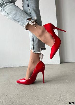Туфли лодочки на каблуке шпильке красные лаковые лак3 фото