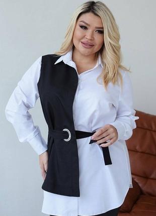 Блузка туника женская красивая стильная модная комбинированная оригинальная с поясом большие размеры 48-584 фото