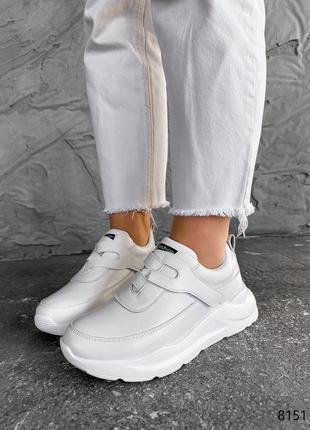 Белые натуральные кожаные кроссовки с липучкой на липучке толстой подошве кожа